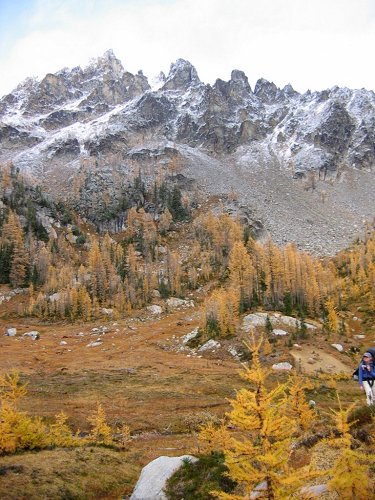 At the head of the valley, below the Emerald-Saska col, was a wide golden meadow.
We continued up the trail about a hundred yards and put our campsite in a smaller meadow with rock ledges.